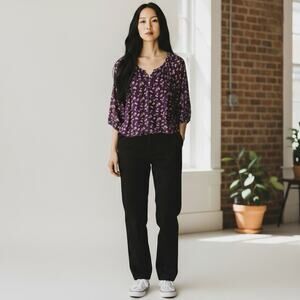 Fat Face Size 8 Purple Floral Scoop Neck Button Up Peasant Style Tunic Top Blous